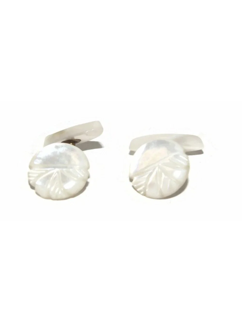Antique Edwardian Gold Tone and Carved Mother of Pearl Cuff Links.